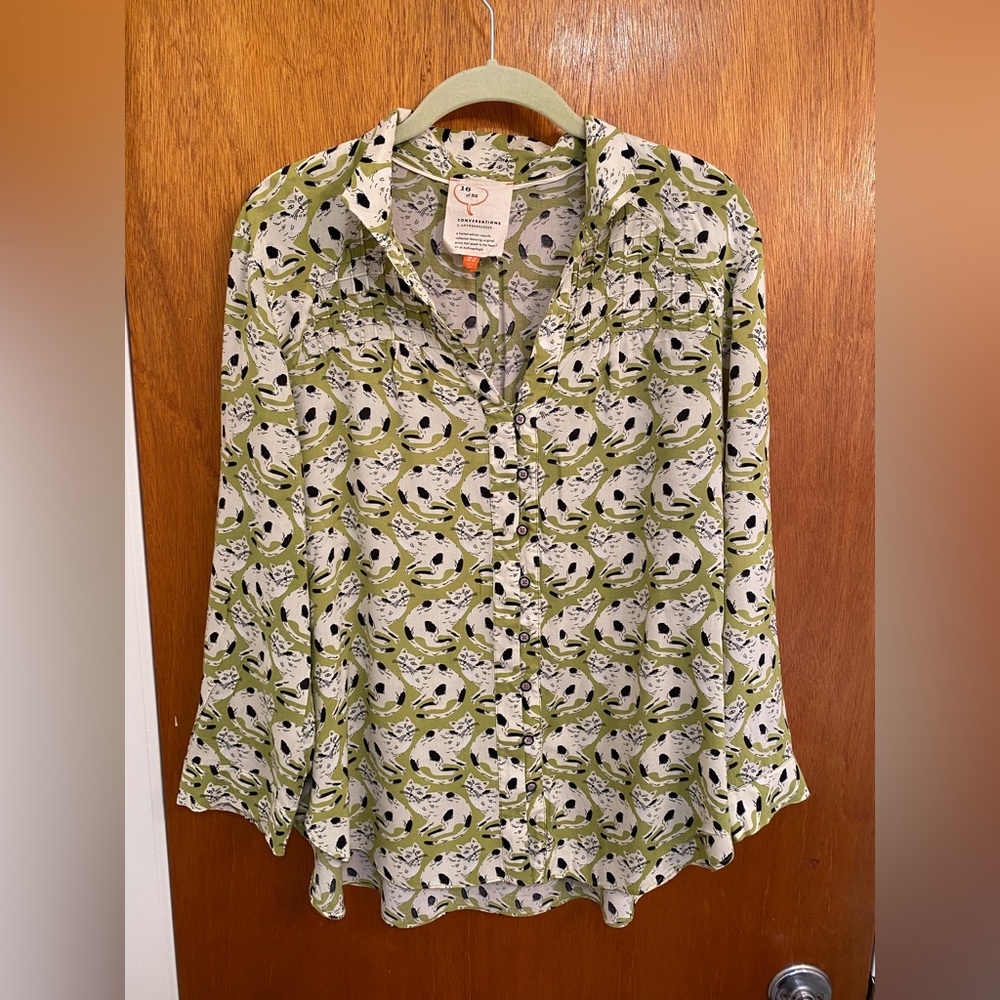 Anthropologie Green Cat Print 16 of 52 Conversations Shirt Size 12